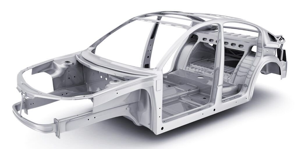 3d illustration of car frame. A damaged car frame can be noticed most easily in doors