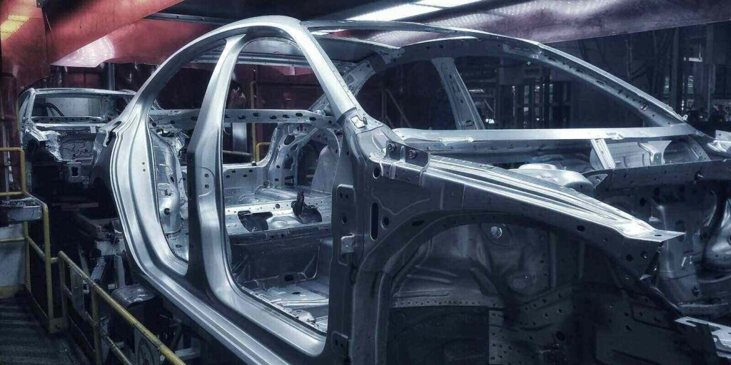 car frame structure on automobile manufacturing and transportation line